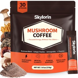 Instant Mushroom Coffee with Collagen, Skylorin Adaptogen Coffee Powder for Daily Hot or Iced Coffee Drink Mix Routines