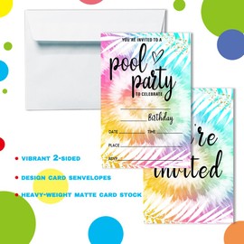 Pool Party Birthday Invitations Girly Tie Dye Pool Party Invitation Summer Swimming Pool Party Tie dye Invites for Girl Teen Pool Birthday Party Supplies Favors - 20 Invites With 20 Envelopes - JY433