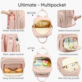 Diaper Bag Backpack - Large Multi functional, Boys, Girls & Baby Travel Essentials Tote with Changing Pad, Insulated Pockets, Stroller Straps, Waterproof - Baby Backpack for Mom & Maternity (Pink)