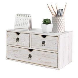 SeekElegant Wood Desk Organizer with Drawer, White Wooden Desktop Organizer, Tabletop Storage Organization Box for Countertop, Home Office Supplies (3 Drawer)