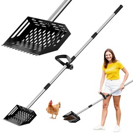 2-in-1 Chicken Poop Scooper & Rake,10" Wide Metal Sand Sifting Shovel with Grip,Chicken Coop Scoop for Poop Shavings Cleaning,Litter Scooper for Chicken Coop Accessories,Adjustable Handle (24" to 66")