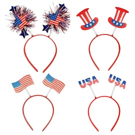 GiftExpress 4 Piece Patriotic Headbands - 4 Assorted Boppers USA, Flag, Star & Hat Head Bands - July 4th Themed Kids & Adults Party Favor Deocrations