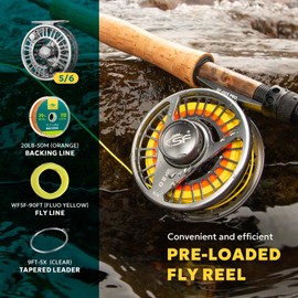 SF SF-003 Pro Fly Fishing Reel Pre-loaded Fluorescent Yellow Fly Line Kit for Freshwater, CNC Machined, Mid Arbor Design, Smooth Drag System, Lightweight Aluminum Body, 5/6wt, Matte Gunmetal Gray