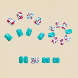 Pink Flowers Press on Nails Short Square Fake Nails Green White False Nails with Floral Designs Full Cover Stick on Nails Acrylic Spring Summer Artificial Nails for Women Glue on Nails 24 PCS
