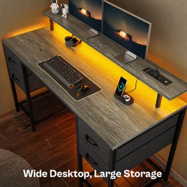 Huuger 55 inch Computer Desk with 4 Drawers, Gaming Desk with LED Lights & Power Outlets, Home Office Desk with Large Storage Space for Bedroom, Work from Home, Gray