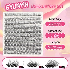 Syunyin Lash Clusters 120pcs, 10mm 12mm 14mm Lash Extension Kit D Curl Individual Lashes False Eyelashes, Natural Lashes Wispy Lashes Eyelash Extension Kit with Tweezers