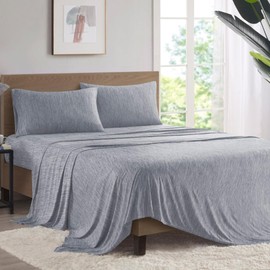 Urban Habitat Cool Blend Sheet Set Jersey Knit, Heathered Yarn Tonal Design, Breathable, Premium 14" Elastic Pocket Fits up to 16" Mattress, All Season Bedding & Pillowcases, King Grey 4 Piece