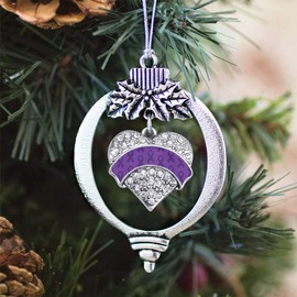 Inspired Silver - Purple Ribbon Support Silver Christmas Ornament - Pave Heart Charm Christmas Tree Ornament with Cubic Zirconia - Holiday Hanging Decoration