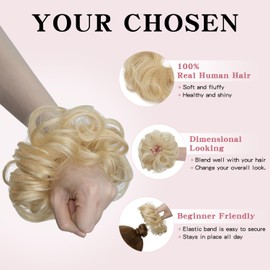 TESSHAIR Human Hair Messy Bun, 100% Real Hair Bun Extensions for Women,Wavy Curly,1 Count#613 Light Blonde