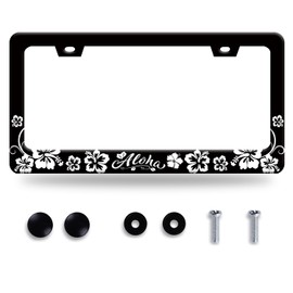 Aloha License Plate Frame Beautiful Hibiscus Flowers License Plate Holder Funny License Plate Stainless Steel Hawaii Car Accessory with Screws for Men Women Cars Decoration 12.3" x 6.3"