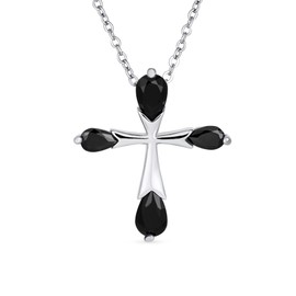 Bridal Christian Religious Simulated Gemstone Black Onyx Cubic Zirconia AAA CZ Teardrop Cross Necklace Pendant For Women Wedding Teen .925 Sterling Silver