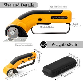 FurUlixty 4V Cordless Electric Scissors Set, Cardboard Cutter Tools with Type-C Charging Cord, Replacement Blades, Storage Case, Rotary Cutter for Cutting Cardboard, Paper, Fabric & Leather (Yellow)