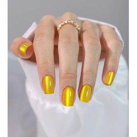 Yellow Cat Eye Press On Nails- GJZEZ Soft Gel Square Gorgeous Gold Cateye Magnetic Nails Press Ons Opaque False Nail, Supremely Fit Glue On Nail | 16 Sizes - 32 pcs Reusable Manis, Dreamy Citrine