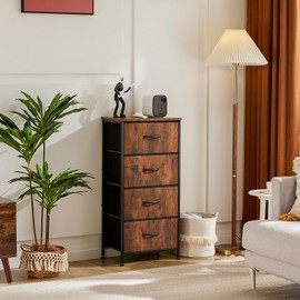 DUMOS Nightstand with 4 Drawers Bedside Table with Removable Fabric Bins Sturdy Steel Frame Wood Top Organizer Furniture for Bedroom Nursery Closet Living Room