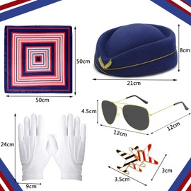 Beamely 5Pcs Airline Stewardess Costume Accessories Set, Flight Attendant Fancy Dress Kit with Stewardess Hat Scarves Brooch Sunglasses Gloves Cosplay Outfit for Adults Cosplay Dress up Party