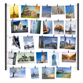 Love-KANKEI Wood Picture Photo Frame for Wall Decor 26×29 inch with 30 Clips and Ajustable Twines Collage Artworks Prints Multi Pictures Organizer and Hanging Display Frames Black