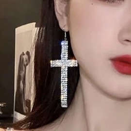 wekicici Wekicici Rhinestone Cross Earrings Fashion Tassel Drop Earrings Crystal Drop Cross Hoop Earrings Fashion Earrings Accessories for Women silver