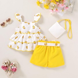 YOUNGER TREE Toddler Baby Girl Clothes Ruffle Sleeveless Strap Dress Tank Shorts Set Summer Outfits With Bag(Little Yellow Duck,3-4T)