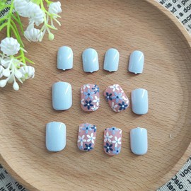 Square Press on Nails Short Fake Nails with Flower Designs Acrylic Glue on Nails Blue Full Cover Nails Press ons Pink False Nails Spring Cute Artificial Stick on Nails for Women 24Pcs