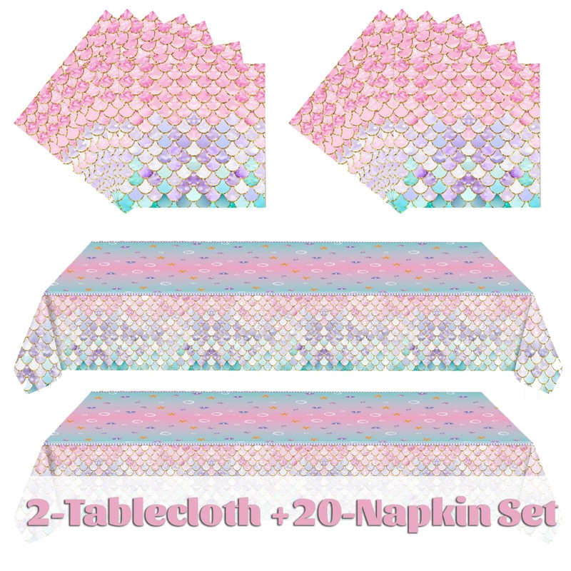 GHKJOK 2 Pack Mermaid Scale Tablecloths with 20 Napkins –