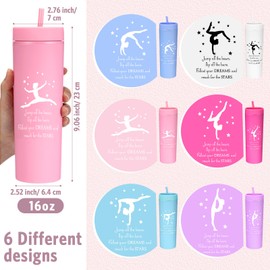 Ninehaoou 6 Pcs Gymnastics Water Bottle Gifts for Dancer Girl Women 16 oz Dance Cup Gymnastics Party Favor Plastic Skinny Tumblers with Lids and Straws for Gymnast Lovers Team Graduation(Multicolor)