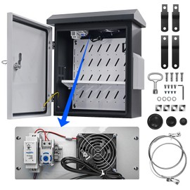 Waterproof Outdoor Electrical Box with Thermostat & Fan, 15.7" H x 11.8" L x 7.9" W Metal Enclosure, Vented NEMA Box for CCTV, Camera, Security System