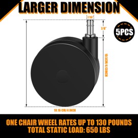 CroBlissful 5 Pcs 4'' Extra Large Chair Wheels for Carpet Heavy Duty Office Twin Chair Casters Replacement 7/16 x 7/8 Grip Ring for Furniture Hardwood Floor Computer Desk Safe Rotating Wheels(Black)