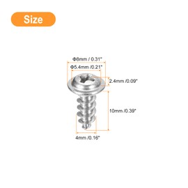 sourcing map ST4x10mm Phillips Pan Head Self-tapping Screw with Washer, 100pcs - 304 Stainless Steel Wood Screw Full Thread (Silver)