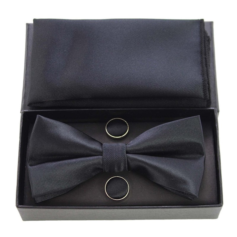 JEMYGINS Men's Plain Bow Tie and Pocket Square with Cufflinks,