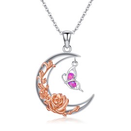 Shroova Butterfly Opal Pendant Necklace Moon&Rose,925 Sterling Silver Hypoallergenic Necklace for Women,Gemstone Jewelry Birthday Gifts For Women Her(18" + 2" Extender Chain)