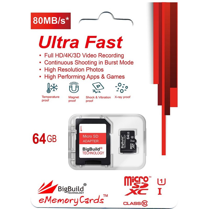 eMemoryCards 64GB Ultra Fast 80MB/s microSDXC Memory Card Compatible with