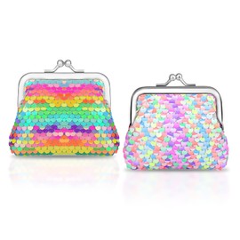 WisePoint Change Purse 2 Packs, Nylon Coin Purse for Women and Girls, Double-Sided Sequin Coin Purse with Kiss Lock Closure, Colourful Coin Pocket for Coin, Colourful, coin purse