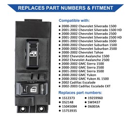 Obaee Passenger Side Power Window Control Door Lock Switch Compatible with 2000-2002 Chevy Silverado GMC Sierra 1500 2500 3500 Tahoe Yukon, Replace OEM 1S12373 DS2148 15045084