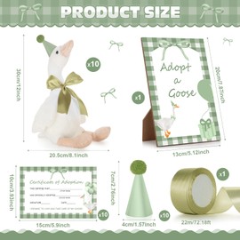 One Silly Goose Birthday Decoration 10 Sets 12 Inch Soft Goose Stuffed Animal Hat Adoption Cards with Wood Table Decor Adopt Birthday Gifts(Green)