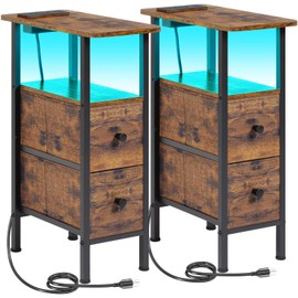 LOAKEKEL Narrow End Tables Living Room Set of 2 with Charging Station, Skinny Side Table with Fabric Drawers, Slim LED Nightstand for Bedroom, Small Spaces, Couch, Rustic Brown, HETNDP02LPBR