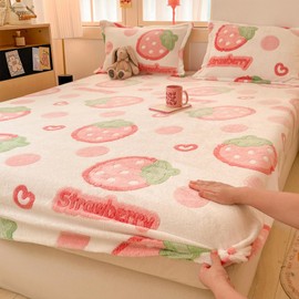 MorroMorn Fleece Queen Fitted Sheet Only, Super Soft Plush Bottom Sheet with 20" Deep Pocket, Kawaii Cute for Girls Kids Teen Fall Winter Spring, No Pillowcases (Pink Strawberry, Queen)