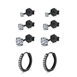 4 Pairs of 925 Sterling Silver Stud Earrings Set for Girls, Earrings Set with Cubic Zirconia for Multiple Pierced Ears, Hypoallergenic Stud Earrings for Men and Women, Sterling Silver, Cubic Zirconia