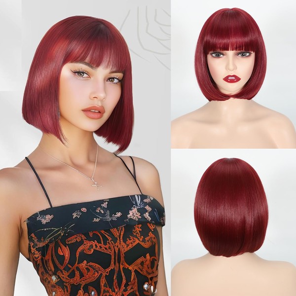 Lanseek Short Bob Wig with Bangs 12 Inch Straight Synthetic