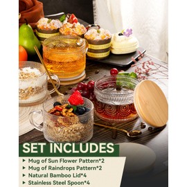 Vintage Glass Coffee Mugs Set of 4, Overnight Oats Containers with Bamboo Lids and Spoons - 14oz Clear Tea Cups for Cappuccino Latte Americano Cereal Yogurt Beverage