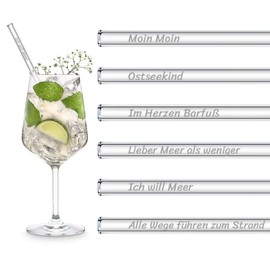 HALM Baltic Sea Sayings Edition | Pack of 6 Straight 20 cm with Engraving | Moin Moin North German Humour Gift | Reusable Glass Straws Engraved - Glass Straws