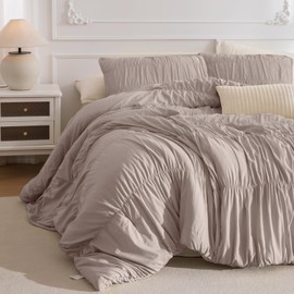 Masaca Oversized King Size Comforter 128x120,3 Pieces Vintage Taupe Ruched Bedding Comforter Set Lightweight Ultra Soft Shabby Boho Chic Bedding (1 Ruffle Comforter +2 Pillowcases)