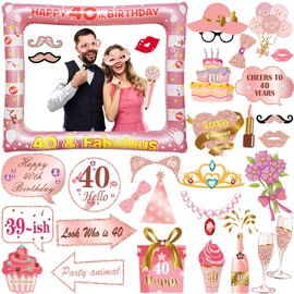 30 Pieces 40th Birthday Decoration Photo Props, LMSHOWOWO Rose Gold Inflatable Picture Frame, 40th Birthday Photo Props, Party Photo Booth Props, Birthday Photo Box Accessories for Birthday