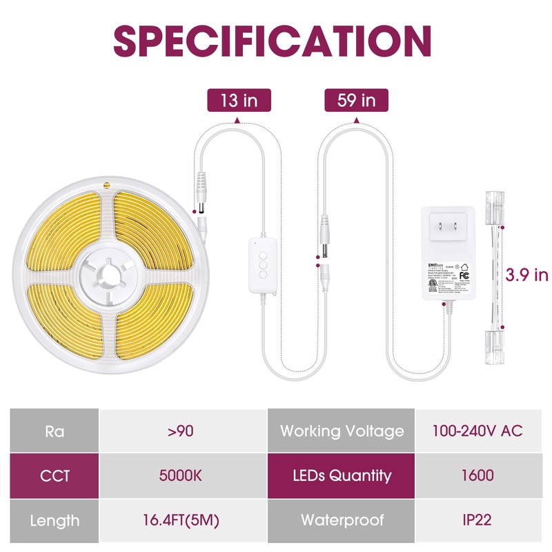 EMITEVER LED Strip Light, Cool White 5000K 16.4ft,24V DC COB