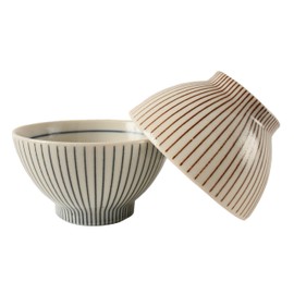 Mino ware Japanese Ceramics Pair Rice Bowl Set of Two Togusa pattern Vertical Stripe made in Japan (Japan Import) GBG001