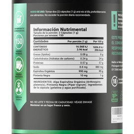Espirulina Orgánica de 300 Cápsulas 500 mg. Ingredientes naturales: Alga Espirulina. Organic Spirulina B Life