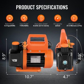VTG VOGTEN 4.5 CFM AC Vacuum Pump and Gauge Set,for Mini Split,HVAC,Auto Systems,Manifold Gauge Kit Compatible with R134a R12 R22 R502,Includes 3 Hoses,R134a Can Tap,Upgraded Trifold Storage Case