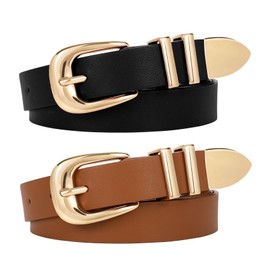 WERFORU 2 Pack Women Leather Belt Fashion Leather Waist Belt for Pants Jean Ladies Western Belt with Gold/Silver Buckle,Fit Waist Size 26-30 Inches,A-black+brown-Gold