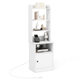 LOKO Nightstand with Charging Station, 56” Tall End Table with Adjustable Open Shelves, Storage Cabinet, Multifunctional Bedside Table, Sofa Side Table, for Bedroom, Living Room, Study (White)