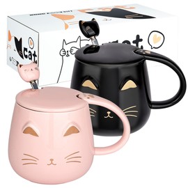 Pack of 2 Cute Cat Cups Cat Coffee Cup Set with Lid and Lovely Kitty Spoon Novelty Cup Set for Cat Lovers Girls Women Christmas Birthday Gift 450 ml Black and Pink