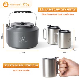 Bulin 2.2 L Kettle Camping with 2 Cups Kettle Outdoor Stainless Steel Cup with Lid and Foldable Handle for Outdoor Picnic Hiking